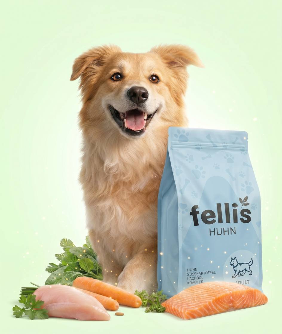Glücklicher Hund neben Fellis Trockenfutter mit Huhn und frischen Zutaten