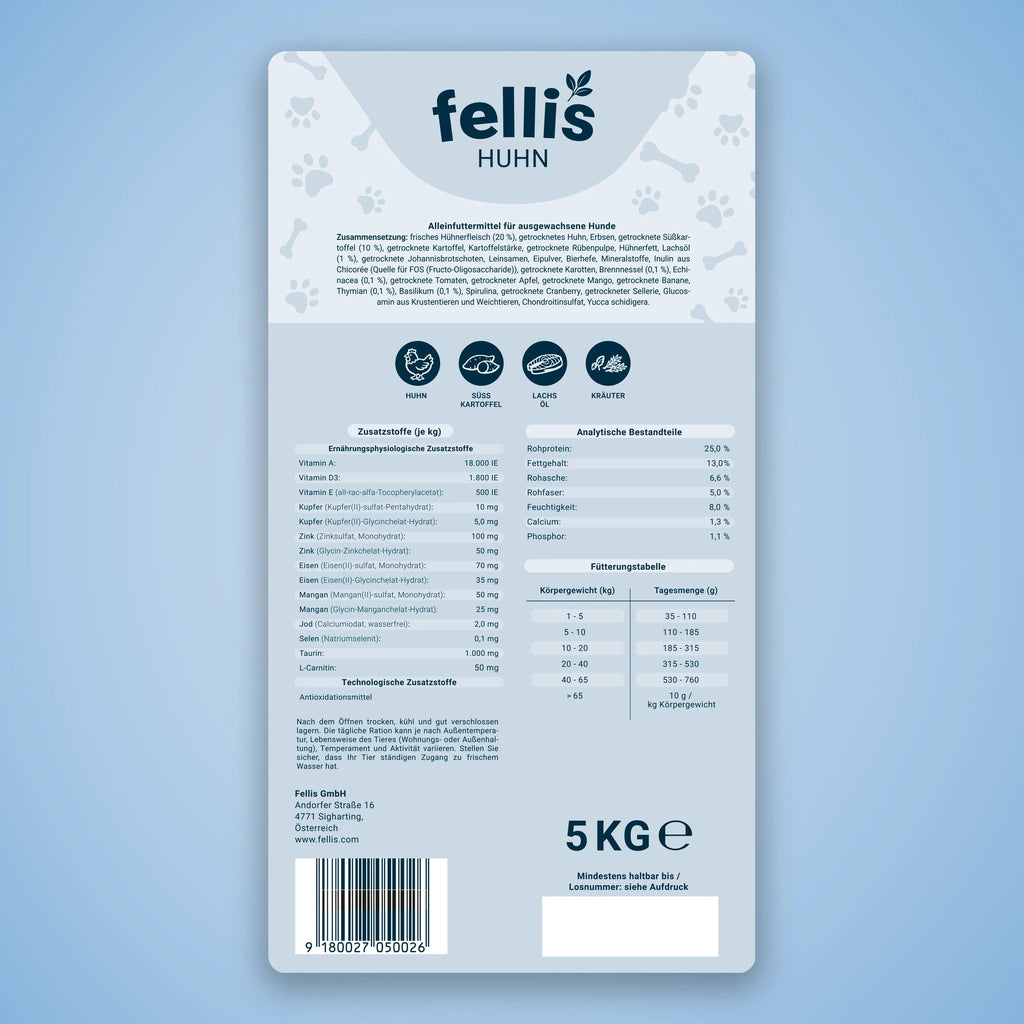 Fellis Adult Hundefutter Rückseite – Zusammensetzung, analytische Bestandteile und Fütterungstabelle