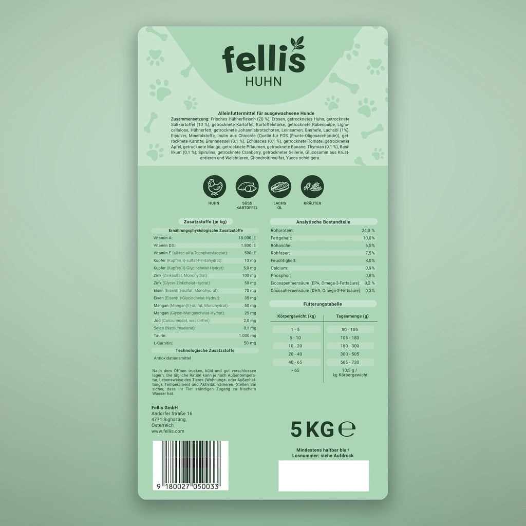 Fellis Senior Hundefutter Rückseite – Zusammensetzung, analytische Bestandteile und Fütterungstabelle