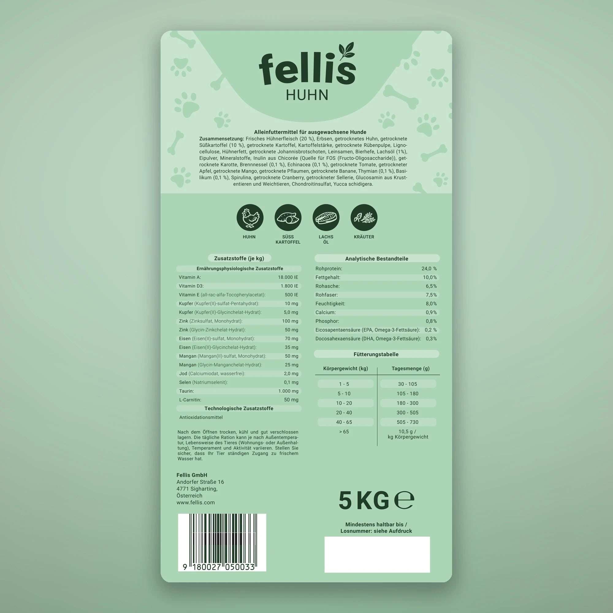 Fellis Senior Hundefutter Rückseite – Zusammensetzung, analytische Bestandteile und Fütterungstabelle